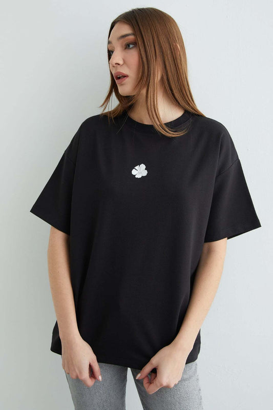 Kadın Çiçek Baskılı Bisiklet Yaka Pamuk Oversize Yuvarlak Yakalı T-shirt