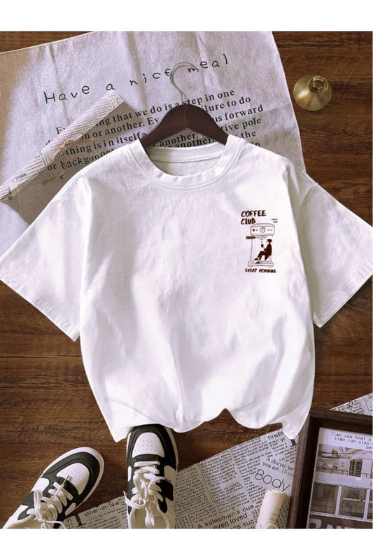 Kadın Bisiklet Yaka Baskılı Pamuk Oversize Yuvarlak Yakalı Beyaz T-shirt