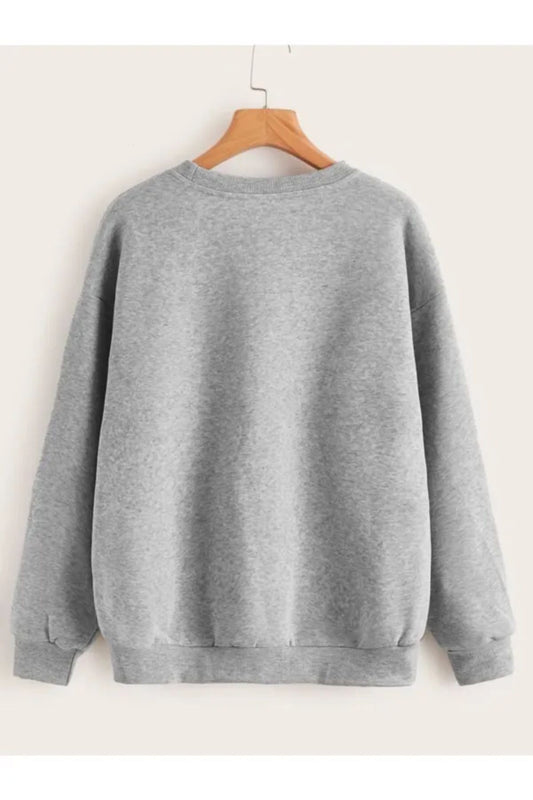 Pamuklu Unisex Oversize Basic Düz Bisiklet Yaka Gri Sweatshirt