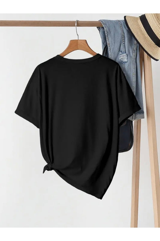 Kadın Ay Yıldız Baskılı Bisiklet Yaka Pamuk Oversize Yuvarlak Yakalı T-shirt