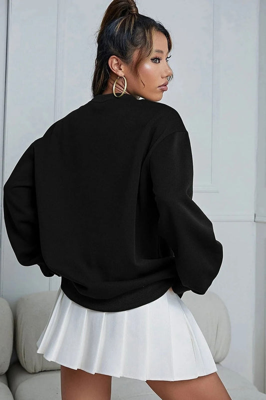 Kadın Siyah Basic 0 Sıfır Yaka Baskısız Düz Oversize Salaş Bol Kesim Sweatshirt