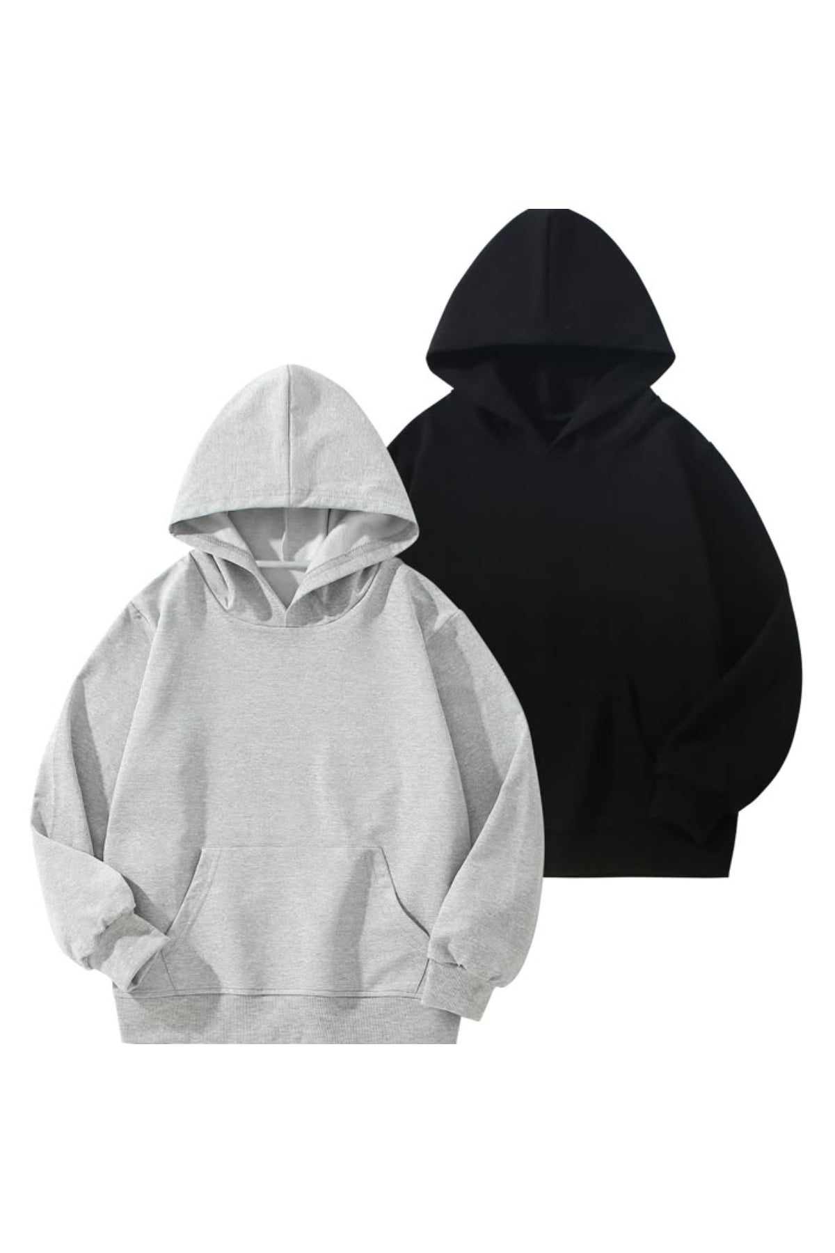 Unisex 2'Li Siyah ve Gri Kanguru Cepli Kapüşonlu Basic Düz Sweatshirt Set Hoodie