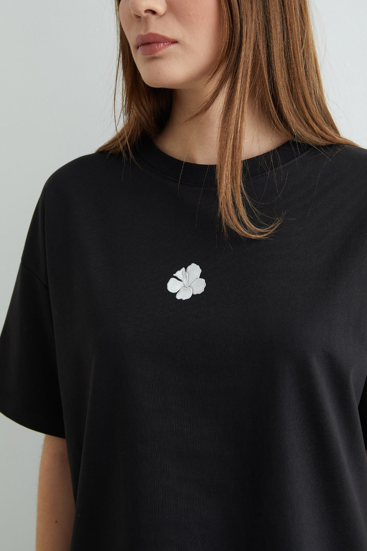 Kadın Çiçek Baskılı Bisiklet Yaka Pamuk Oversize Yuvarlak Yakalı T-shirt