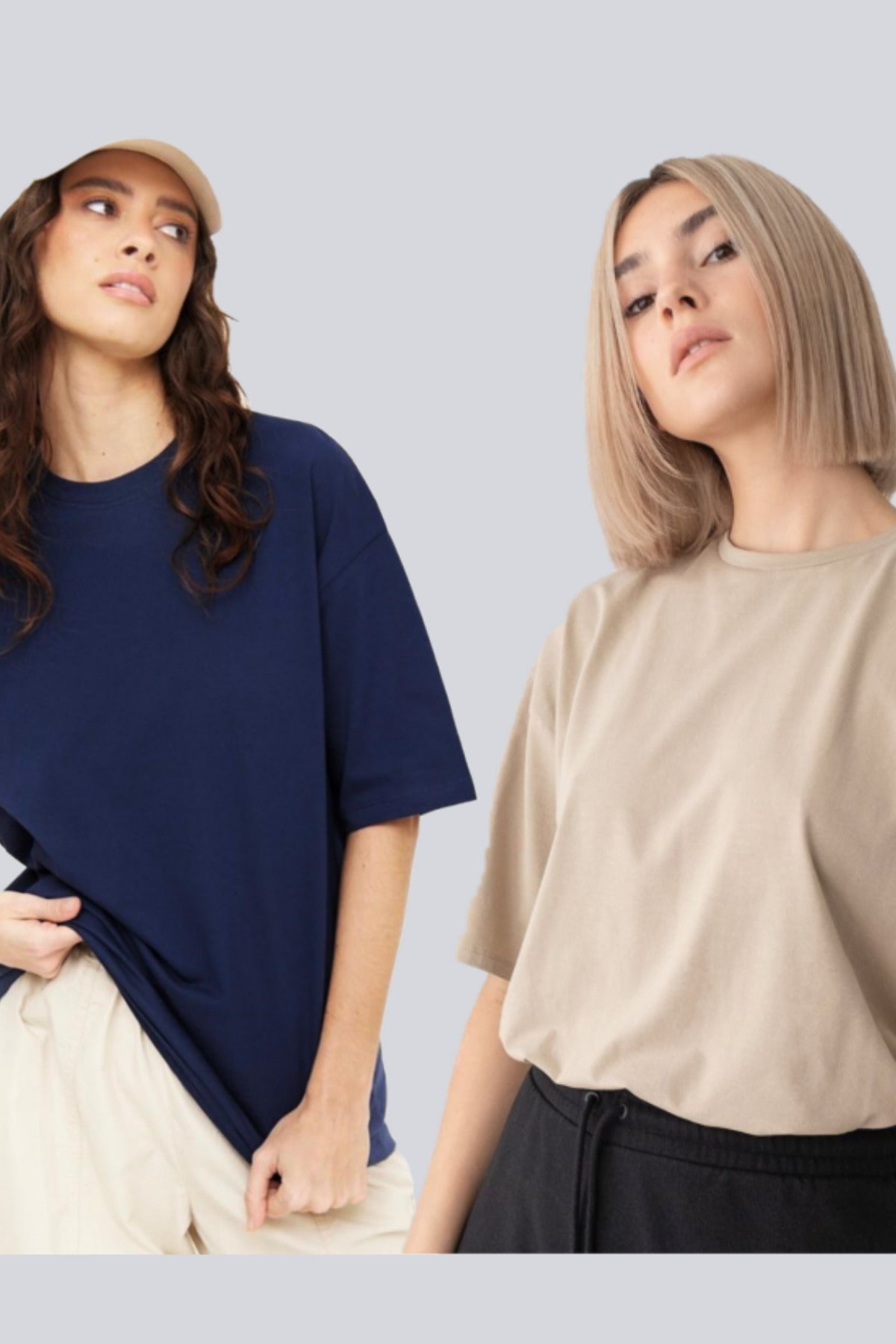 Pamuk Kumaş Oversize Lacivert ve Bej T-shirt Bisiklet Yaka 2'li Paket