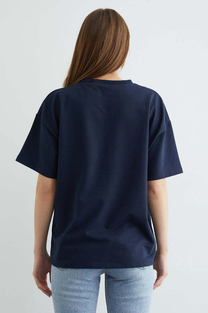 Kadın Çiçek Baskılı Bisiklet Yaka Pamuk Oversize Yuvarlak Yakalı T-shirt