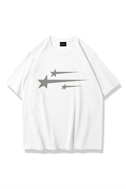 Unisex Stars Baskılı Bisiklet Yaka Pamukt Oversize Yuvarlak Yakalı Beyaz T-shirt