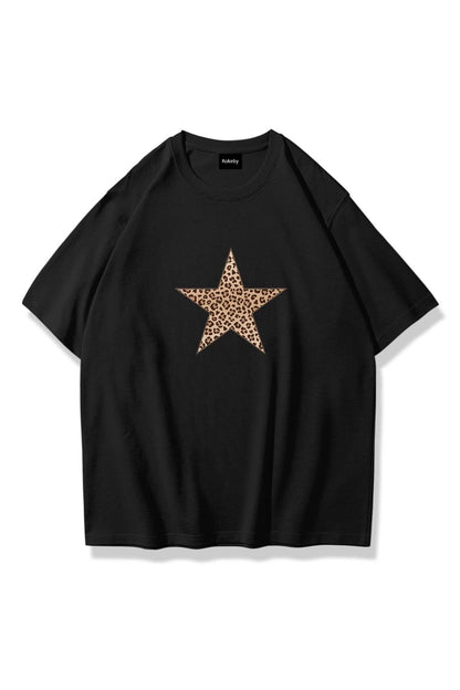 Kadın Leopar Yıldız Baskılı Bisiklet Yaka Pamukt Oversize Yuvarlak Yakalı Siyah T-shirt