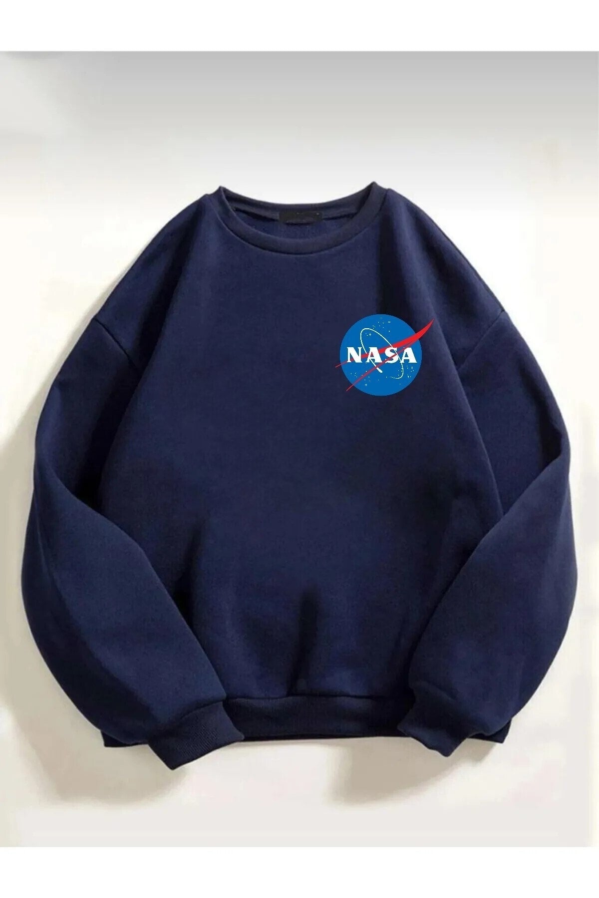 Unisex Pamuk Oversize Nasa Logo Baskılı Lacivert Sweatshirt