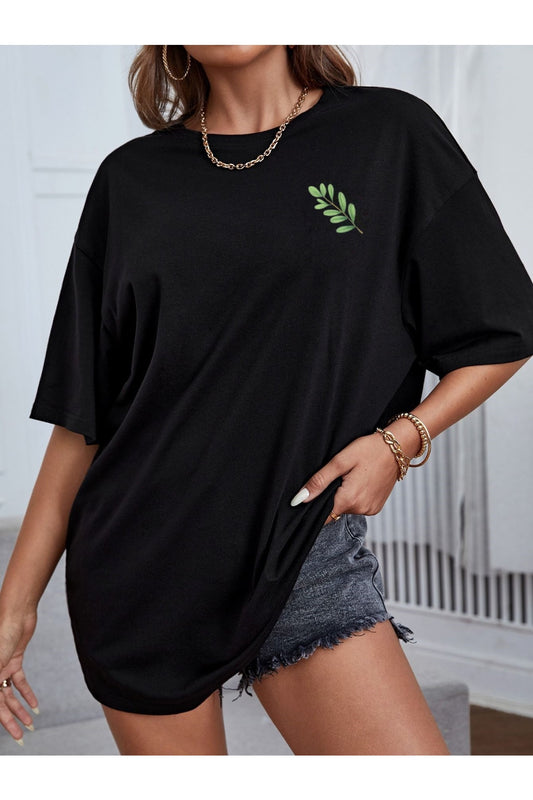 Kadın Siyah Oversize Tişört – %100 Pamuk Penye – Basic Baskılı – Rahat Kalıp Yazlık Basic T-shirt