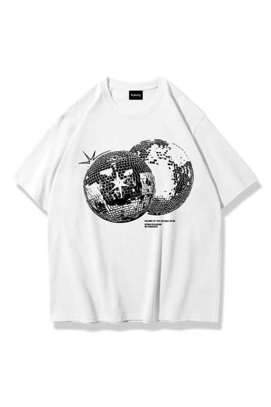 Unisex Disco World Baskılı Bisiklet Yaka Pamukt Oversize Yuvarlak Yakalı T-shirt