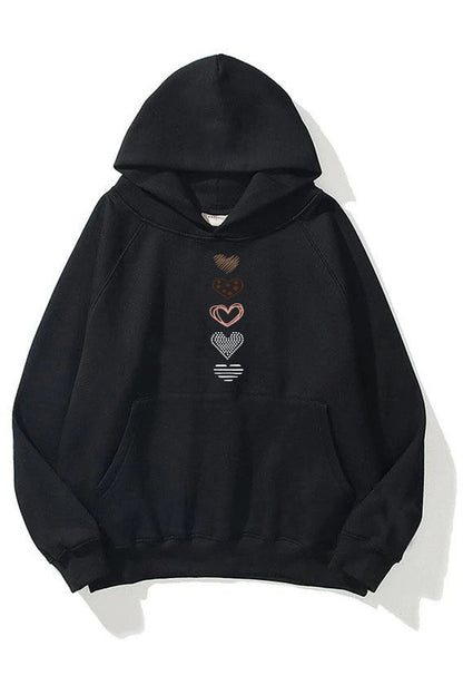 Unisex Kalp Baskılı Siyah Kapüşonlu Kanguru Cepli Sweatshirt