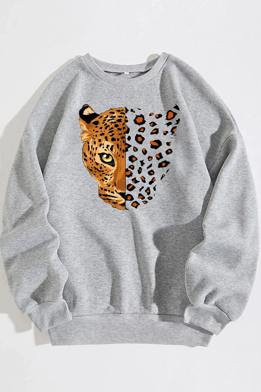 Unisex Yarım Yüz Leopar Baskılı Bisiklet Yaka Gri Sweatshirt