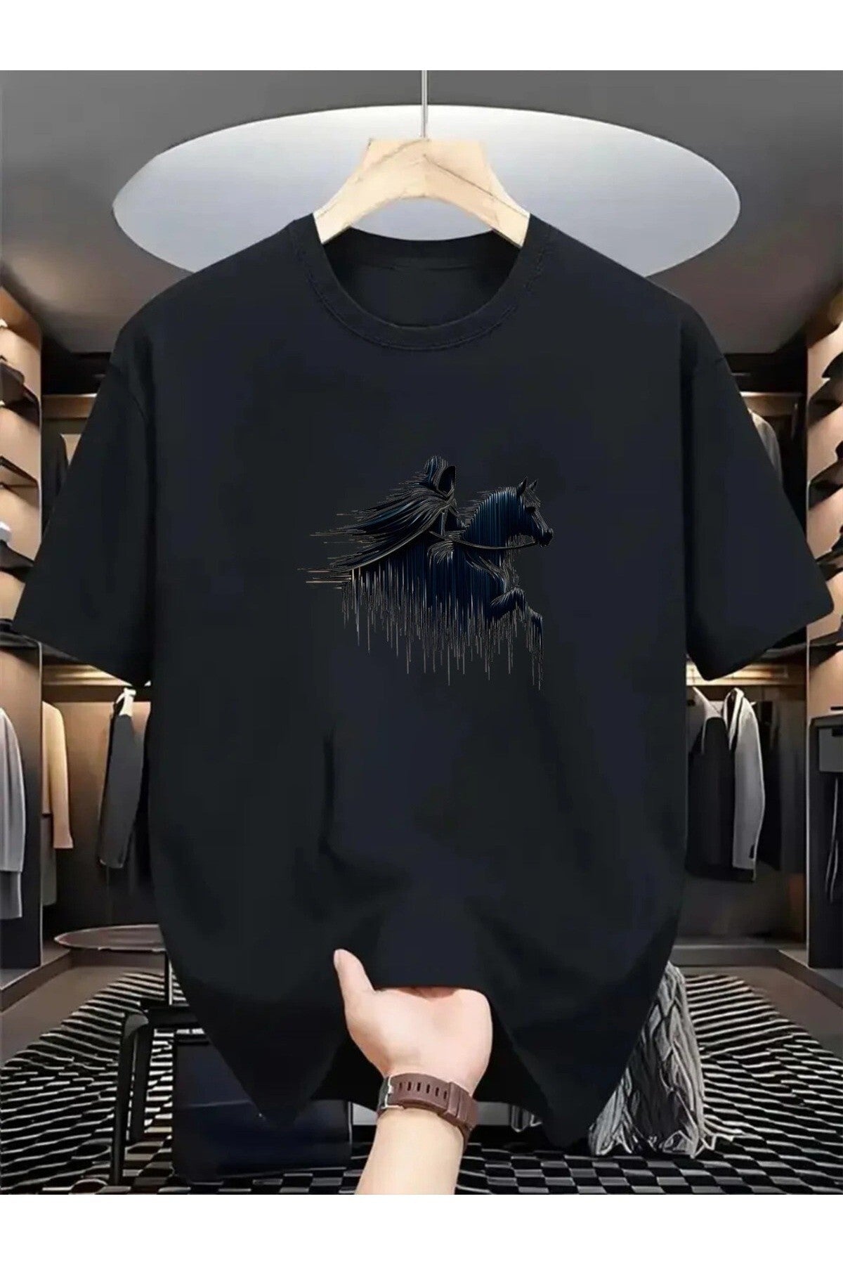 Unisex Bisiklet Yaka Baskılı Pamuk Oversize Yuvarlak Yakalı Siyah T-shirt