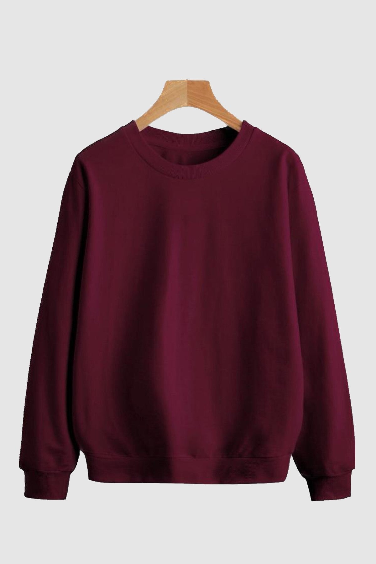 Bordo Pamuklu Unisex Oversize Basic Düz Bisiklet Yaka Sweatshirt