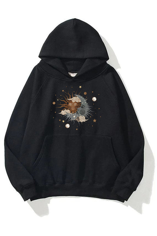 Unisex Ay Yıldız Baskılı Siyah Kapüşonlu Kanguru Cepli Sweatshirt