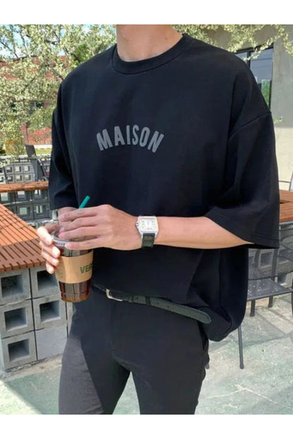 Pamuk Penye Kumaş Oversize Maison Baskılı Siyah T-shirt