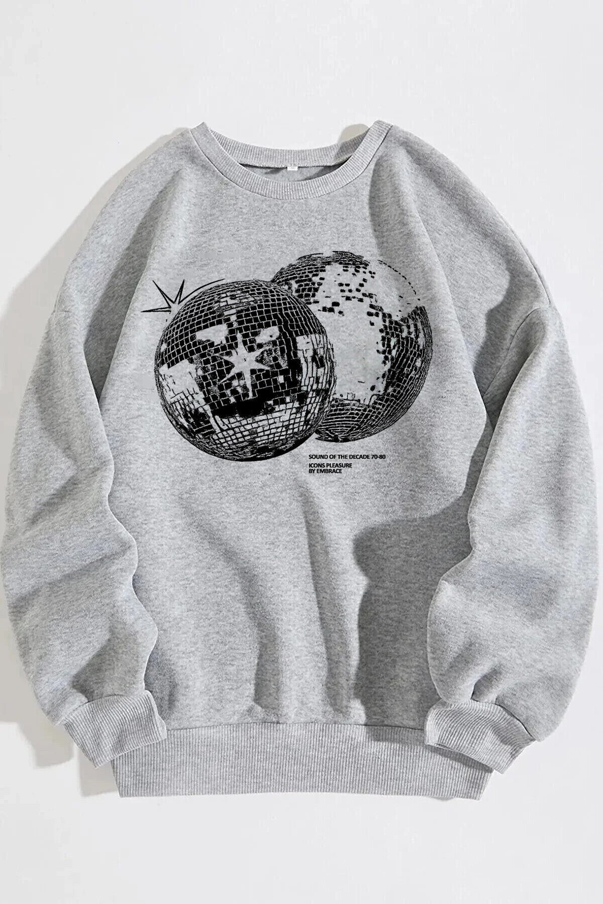 Unisex Disco World Baskılı Gri Bisiklet Yaka Sweatshirt
