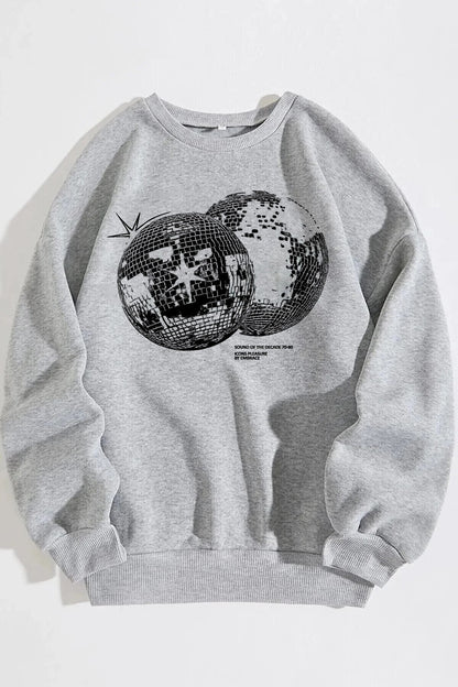 Unisex Disco World Baskılı Gri Bisiklet Yaka Sweatshirt