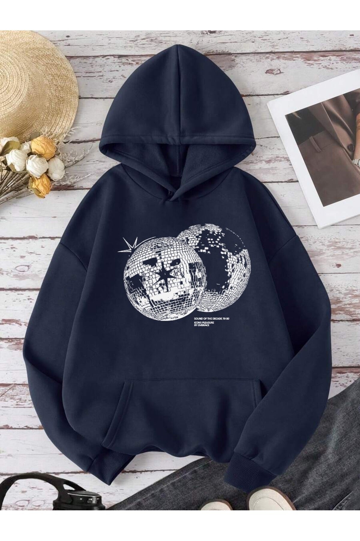 Unisex Disco World Baskılı Lacivert Kapüşonlu Kanguru cepli Sweatshirt