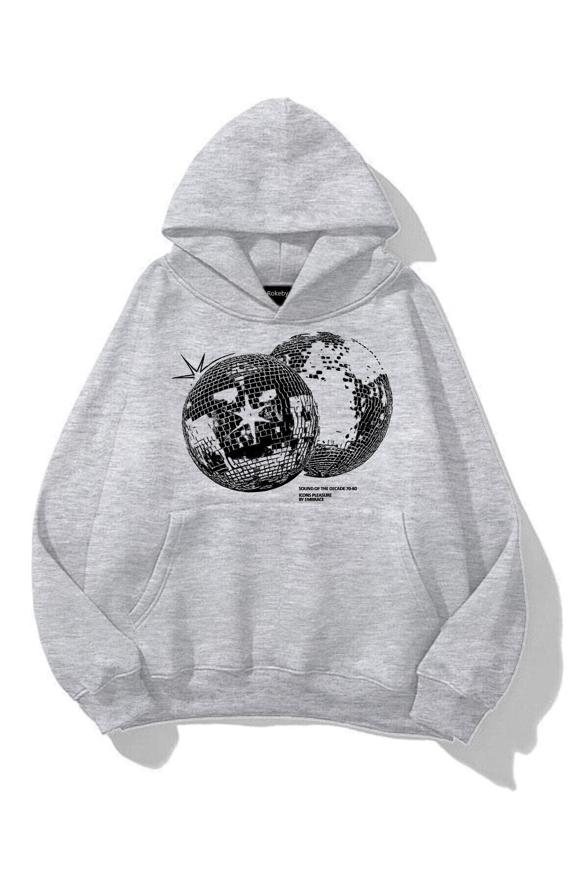 Unisex Disco World Baskılı Gri Kapüşonlu Kanguru cepli Sweatshirt