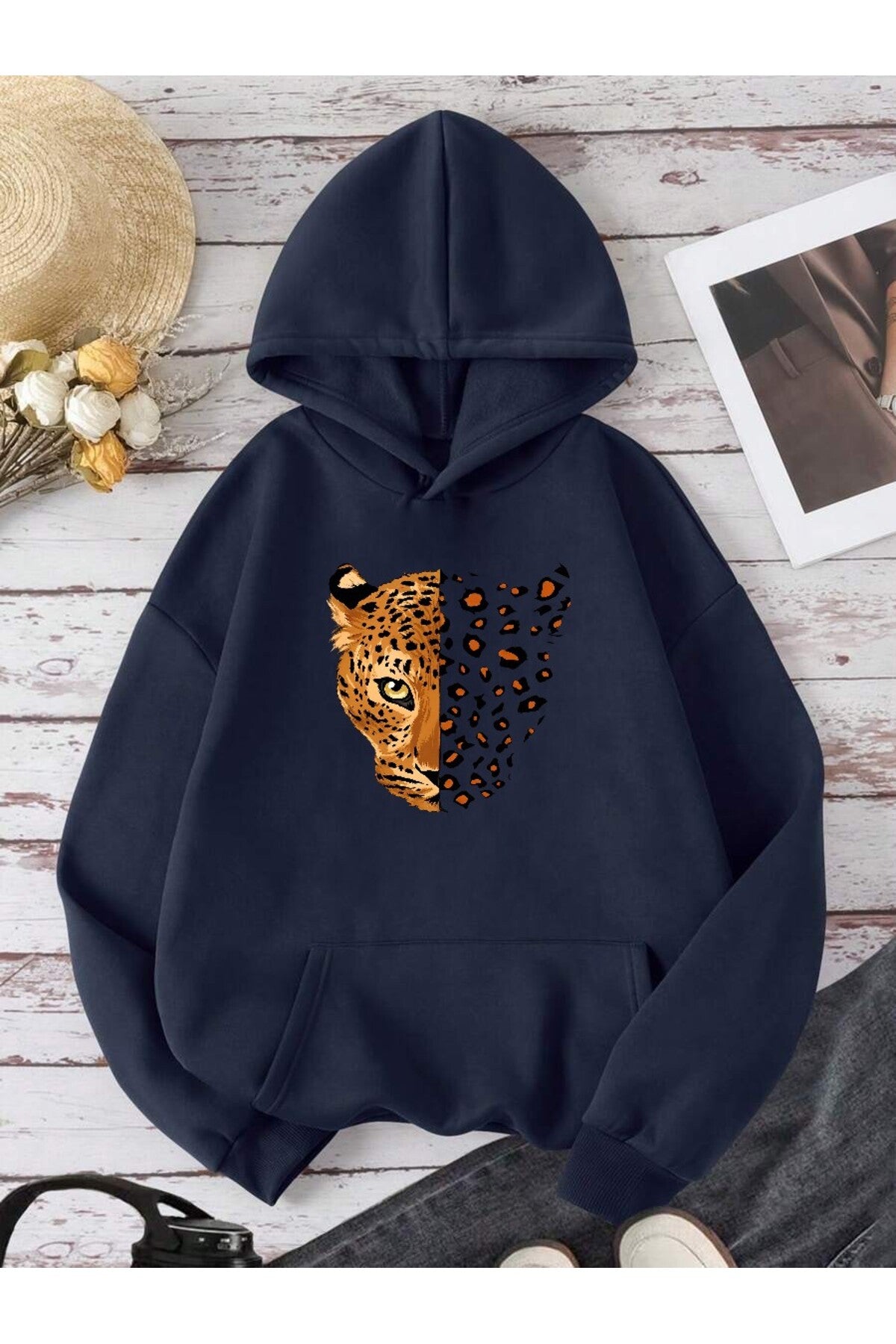 Unisex Yarım Yüz Leopar Baskılı Kanguru Cepli Kapüşonlu Lacivert Sweatshirt