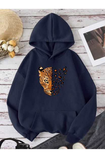 Unisex Yarım Yüz Leopar Baskılı Kanguru Cepli Kapüşonlu Lacivert Sweatshirt