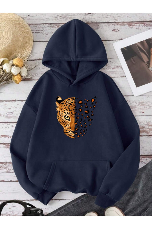 Unisex Yarım Yüz Leopar Baskılı Kanguru Cepli Kapüşonlu Lacivert Sweatshirt