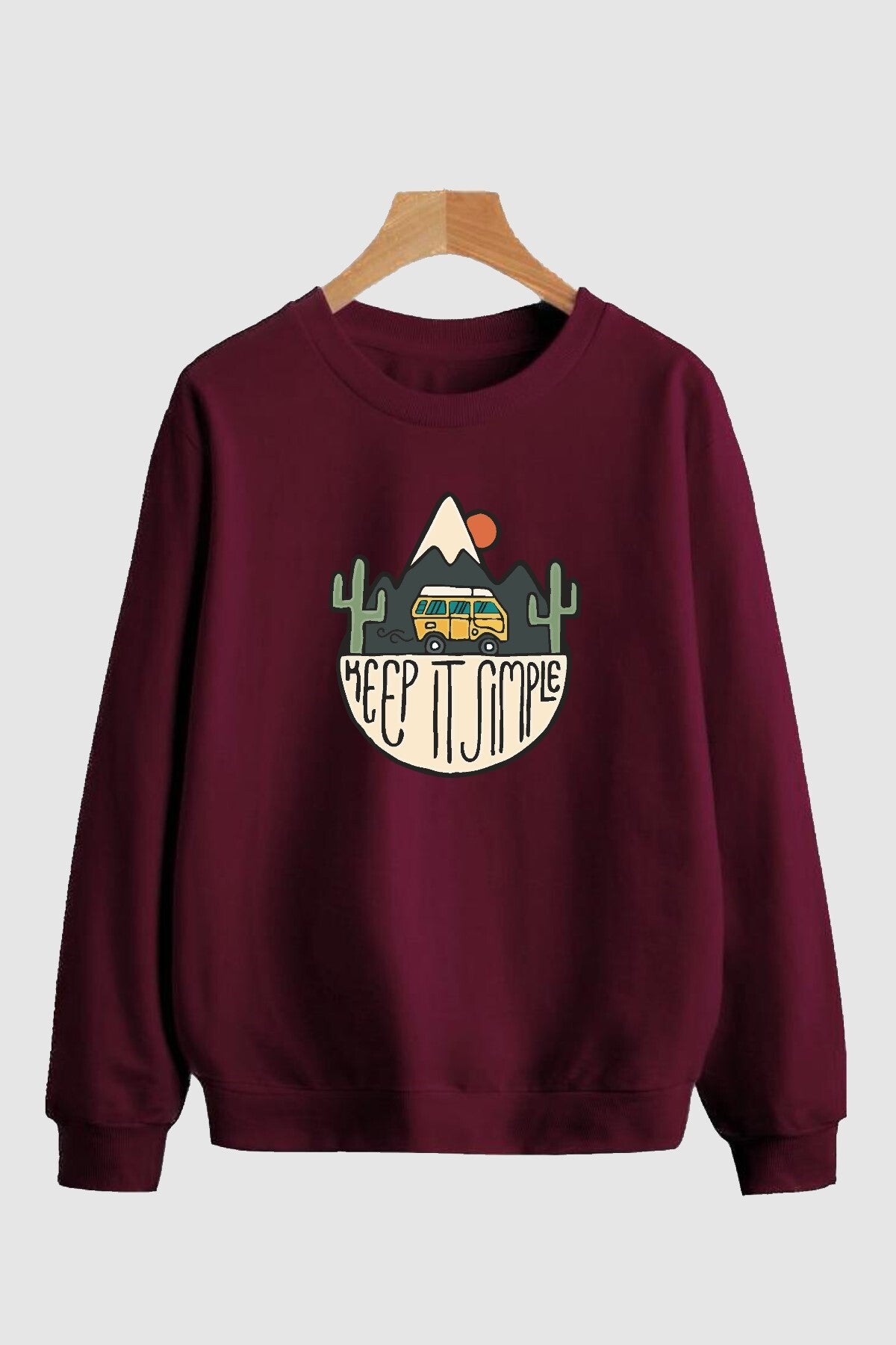 Unisex Simple Baskılı Bordo Oversize Sweatshirt