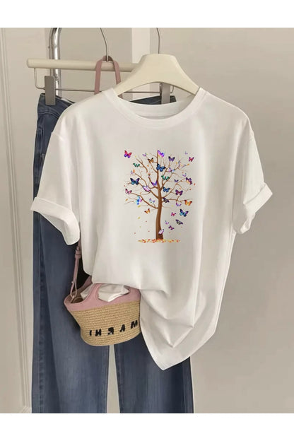 Kadın Bisiklet Yaka Baskılı Pamuk Oversize Yuvarlak Yakalı Beyaz T-shirt