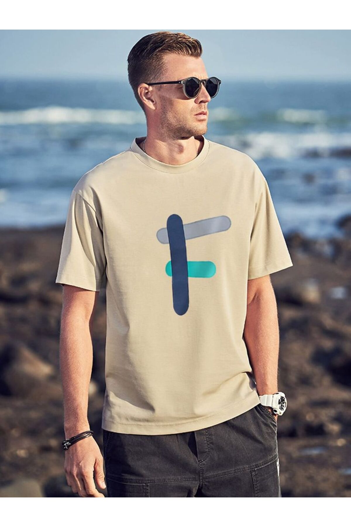 Pamuk Penye Kumaş Oversize F Baskılı Bej T-shirt