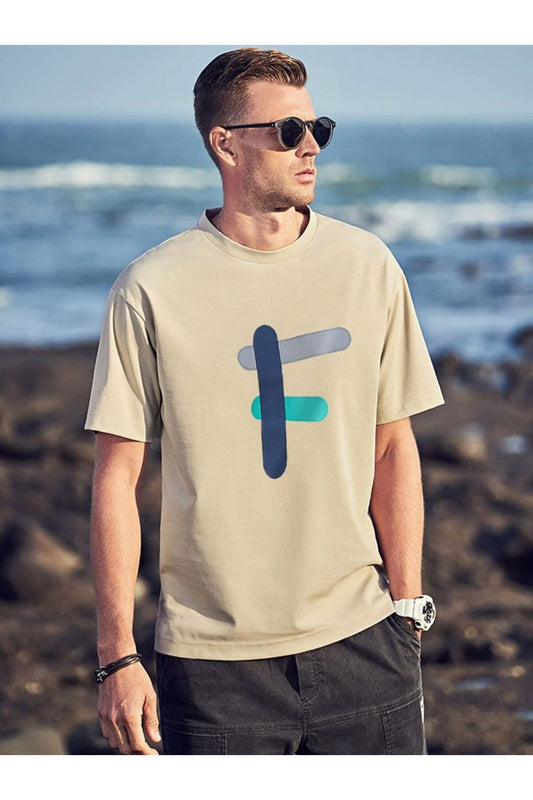 Pamuk Penye Kumaş Oversize F Baskılı Bej T-shirt