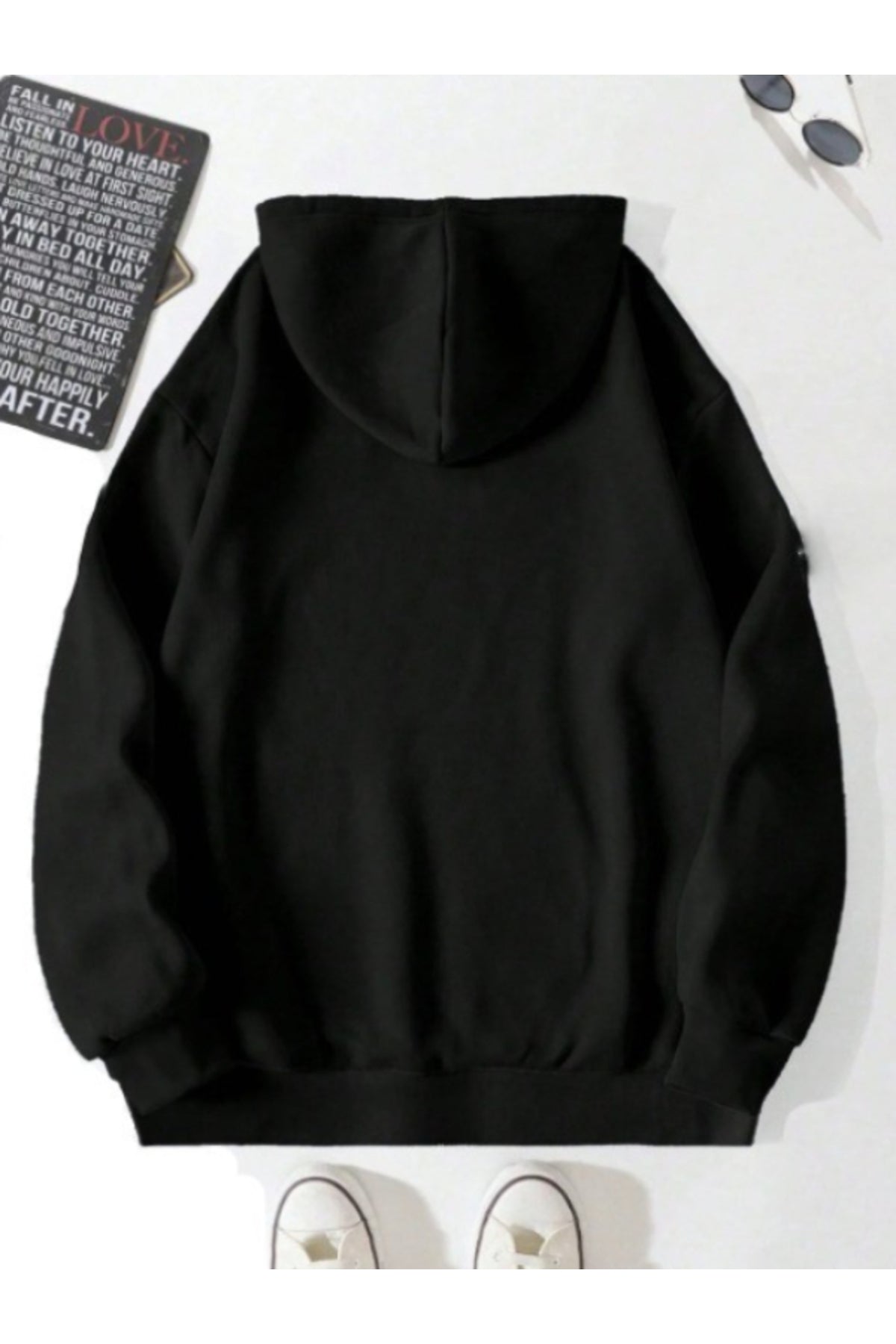 Unisex Erkek/Kadın CHERRIES Baskılı Pamuklu Oversize Kapüşonlu Siyah Sweatshirt
