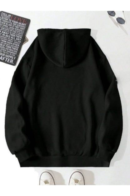 Unisex Erkek/Kadın CHERRIES Baskılı Pamuklu Oversize Kapüşonlu Siyah Sweatshirt