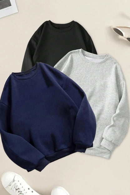 Unisex 3'Lü Bisiklet Yaka Lacivert - Siyah - Gri  Basic Düz Sweatshirt Set