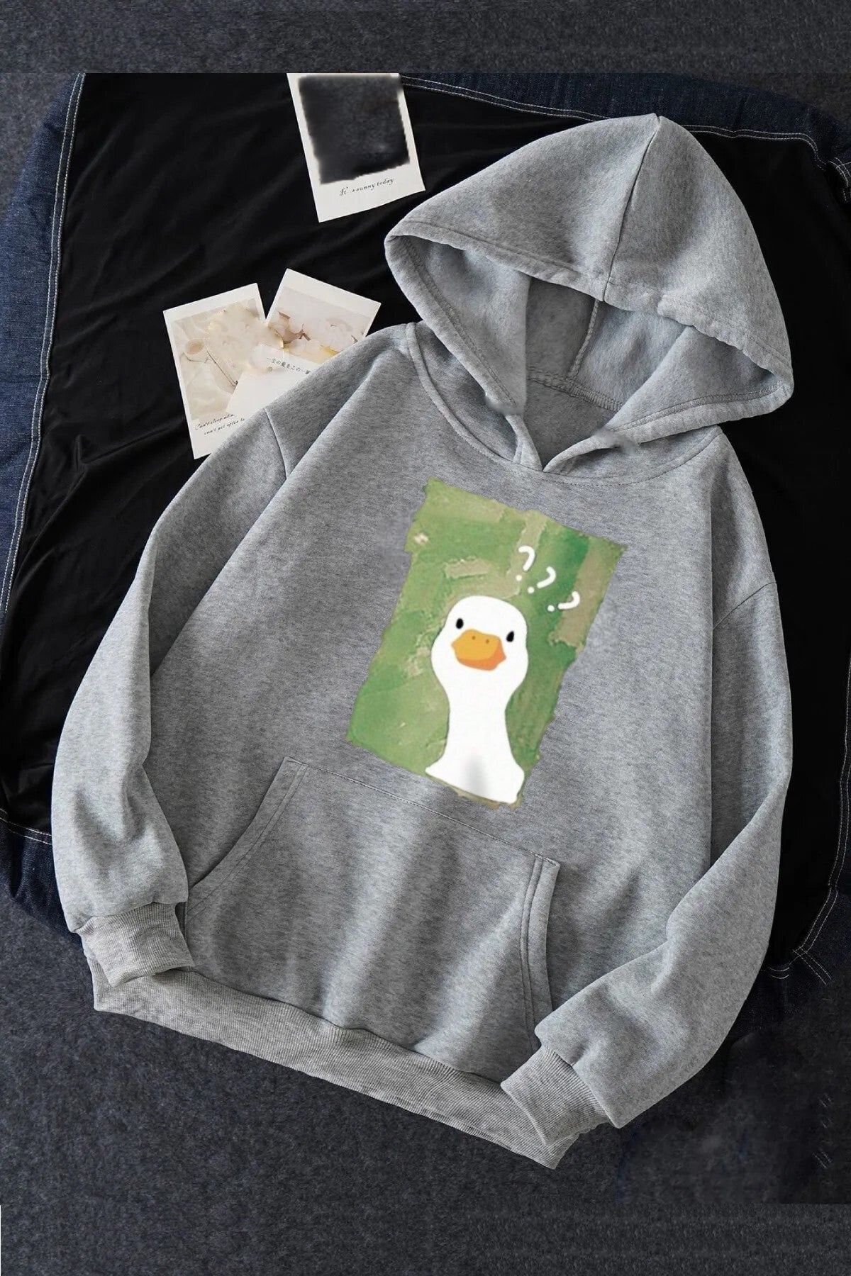 Unisex Ördek Baskılı Kapüşonlu Kanguru Cepli Gri Sweatshirt Hoodie