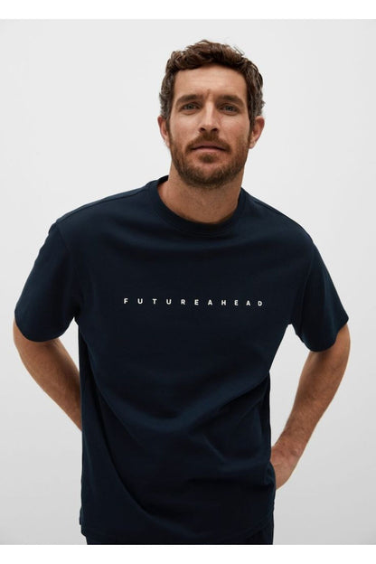Pamuk Penye Kumaş Oversize Futureahead Baskılı Siyah T-shirt