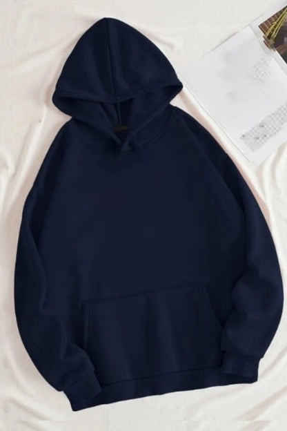 Unisex Lacivert Kanguru Cepli Kapüşonlu Basic Düz Sweatshirt Hoodie