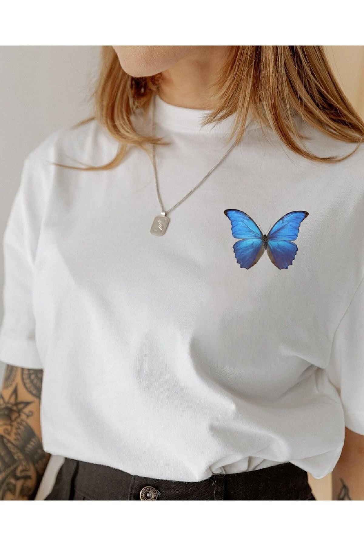 Blue Butterfly Baskılı Oversize Pamuk Penye Kumaş Beyaz Tshirt