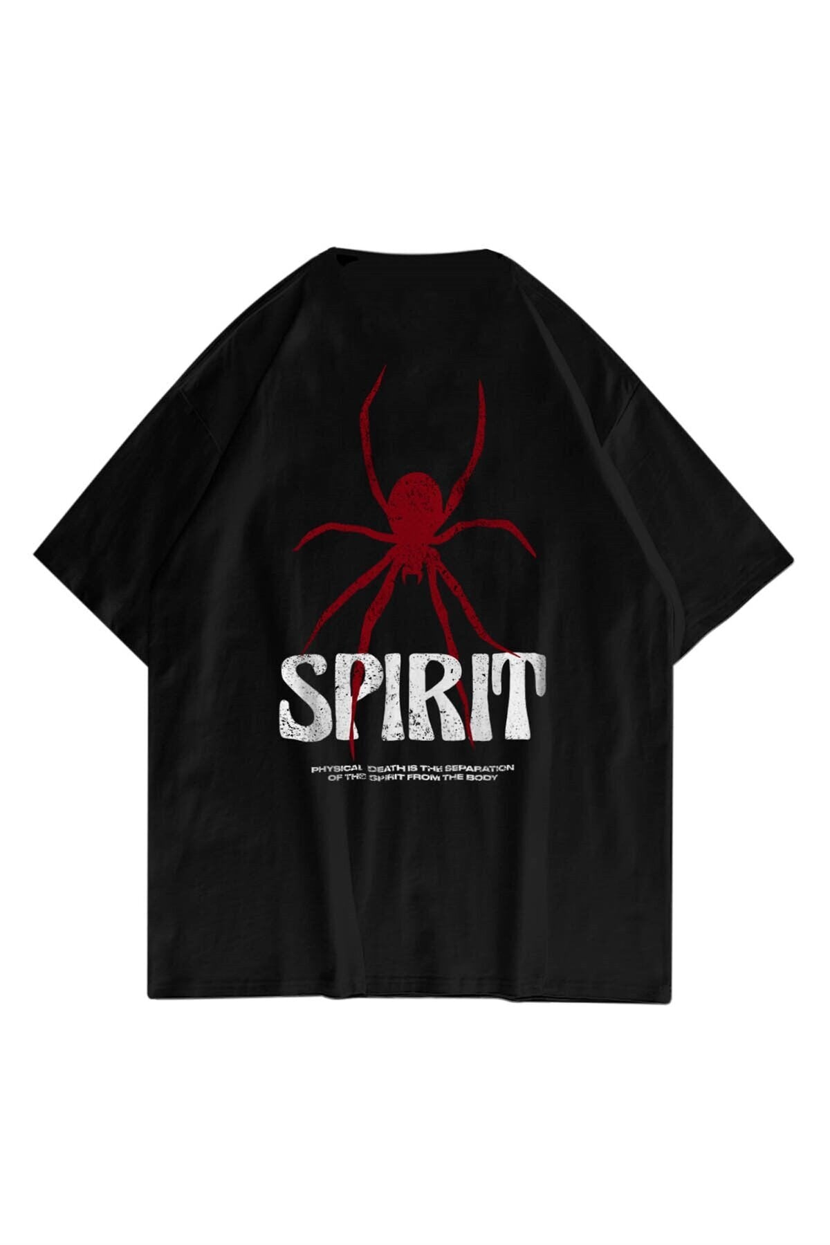Unisex Spirit Baskılı Bisiklet Yaka Pamukt Oversize Yuvarlak Yakalı Siyah T-shirt