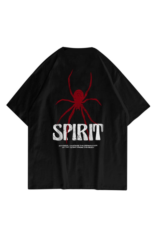 Unisex Spirit Baskılı Bisiklet Yaka Pamukt Oversize Yuvarlak Yakalı Siyah T-shirt