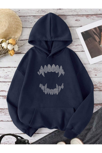 Unisex wild teeth DTF BASKILI Kapüşonlu Kanguru Cepli Lacivert Sweatshirt
