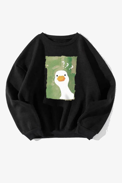 Unisex Ördek Baskılı Bisiklet Yaka Siyah Sweatshirt