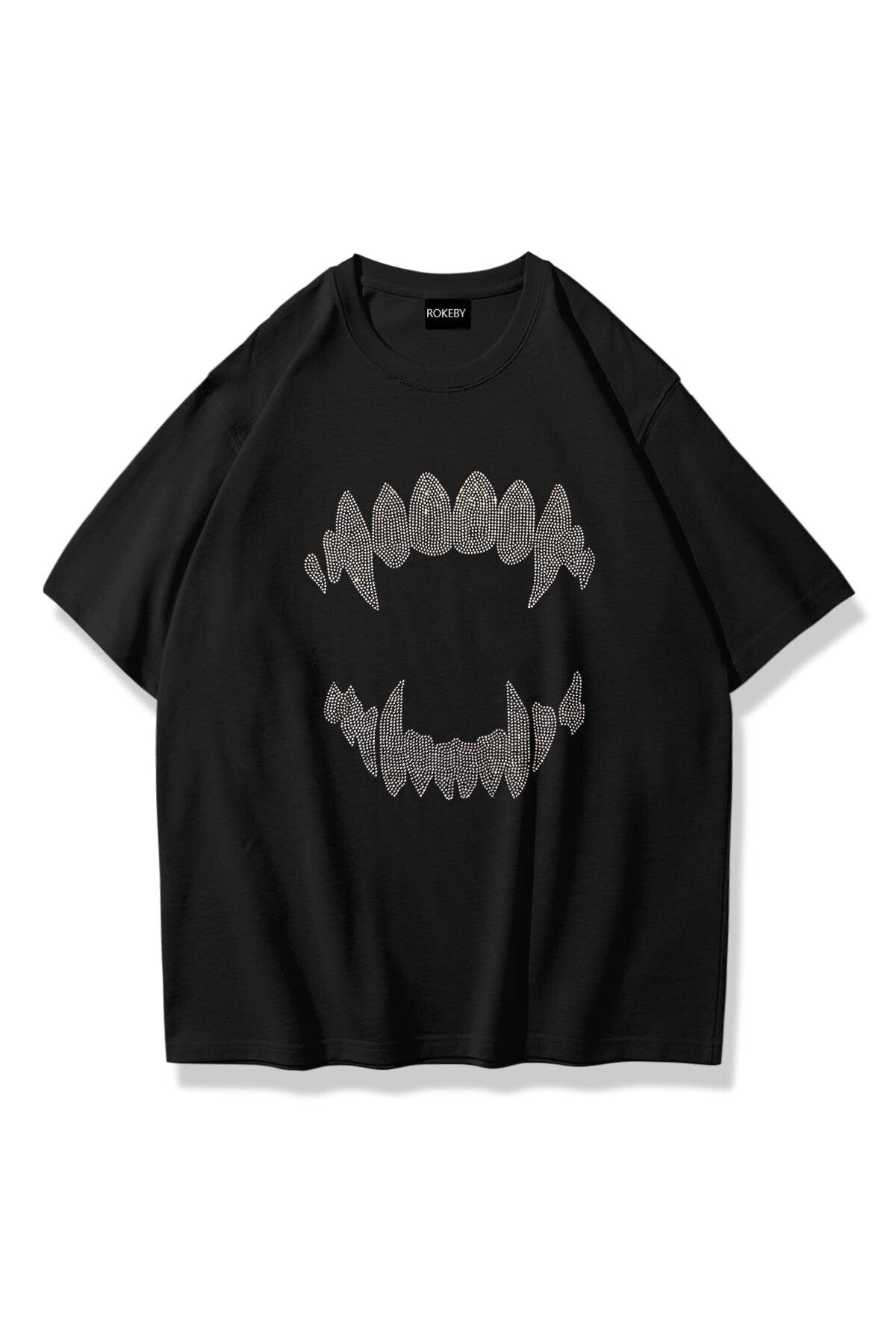 Unisex Wild Teeth Baskılı Bisiklet Yaka Siyah T-shirt