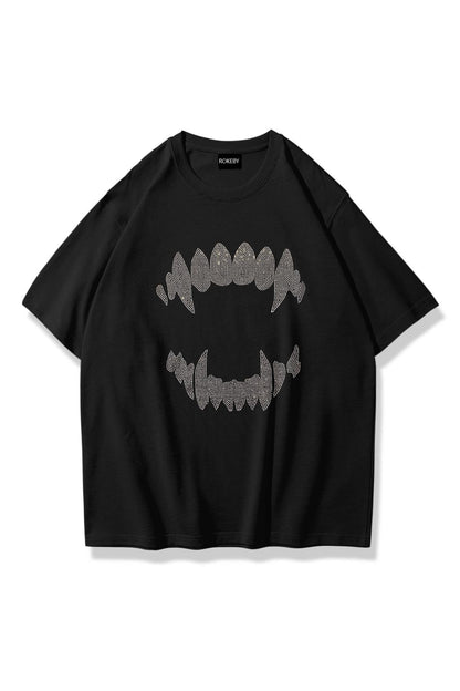 Unisex Wild Teeth Baskılı Bisiklet Yaka Siyah T-shirt