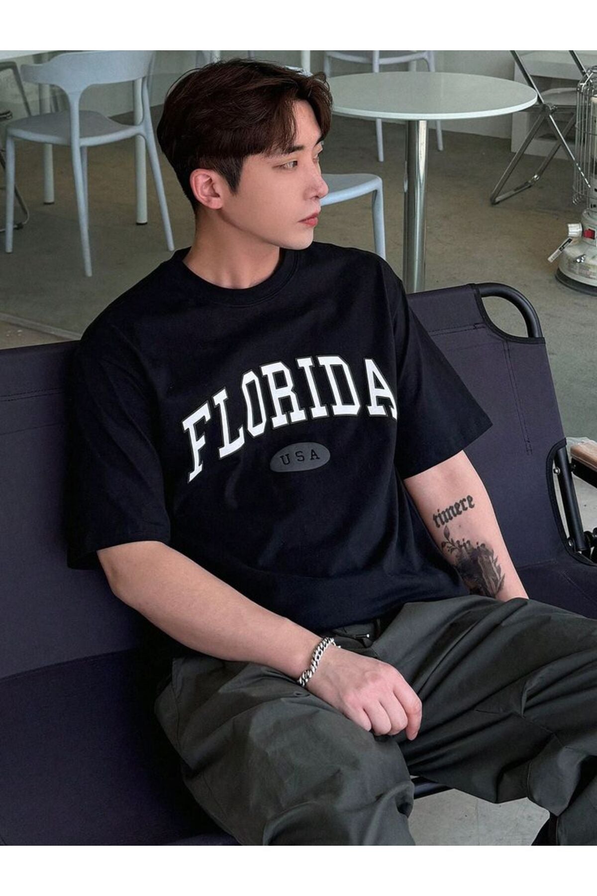 Pamuk Penye Kumaş Oversize Florida Usa Baskılı Siyah T-shirt