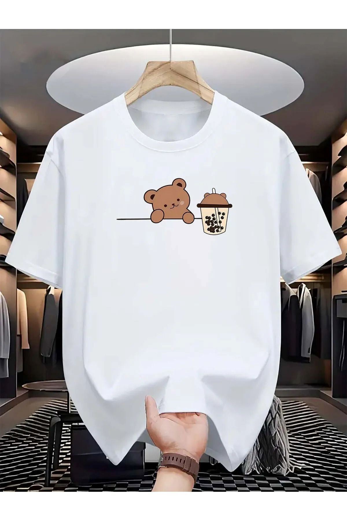 Unisex Bisiklet Yaka Ayıcık Baskılı Pamuk Oversize Yuvarlak Yakalı Beyaz T-shirt