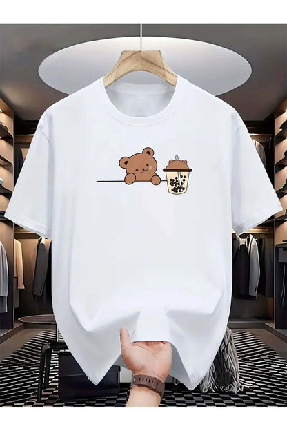Unisex Bisiklet Yaka Ayıcık Baskılı Pamuk Oversize Yuvarlak Yakalı Beyaz T-shirt