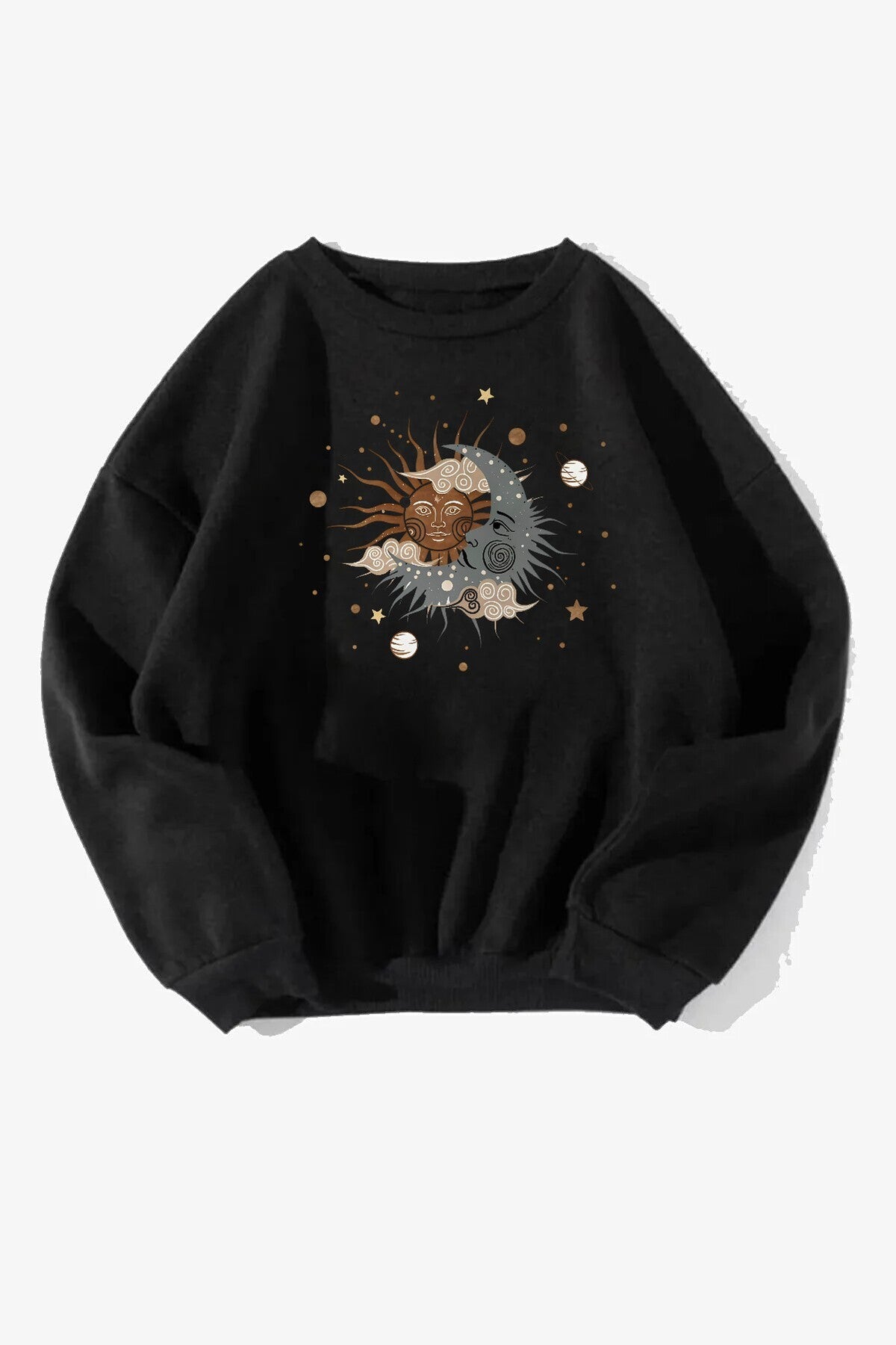 Unisex Ay Yıldız Baskılı Siyah Bisiklet Yaka Sweatshirt