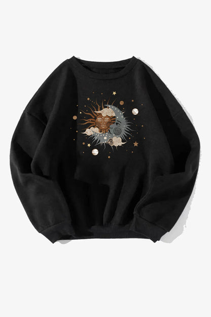Unisex Ay Yıldız Baskılı Siyah Bisiklet Yaka Sweatshirt