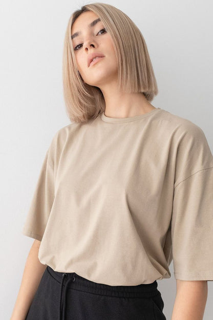 Pamuk Kumaş Oversize Lacivert ve Bej T-shirt Bisiklet Yaka 2'li Paket